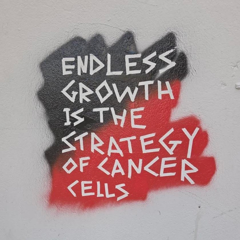 Graffiti on a wall that says, “ENDLES GROWTH IS THE STRATEGY OF CANCER CELLS”