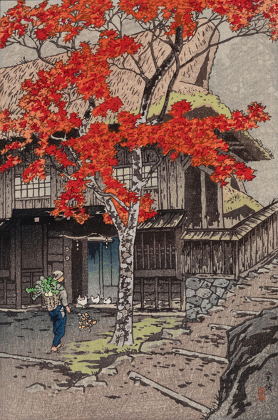 An autumn afternoon at a farmhouse on Mount Ontake, on the border of Nagano and Gifu. A tall tree stands in the centre of the image, its leaves a bright orange-red with the season. On our right, a path leads up and away from the traditional-style thatched-roof house; on the left, a farmer approaches the front door of the house, carrying what looks like daikon in a woven basket on their back, and a branch of persimmons in their right hand. A trio of white chickens waits on the doorstep of the farmhouse.