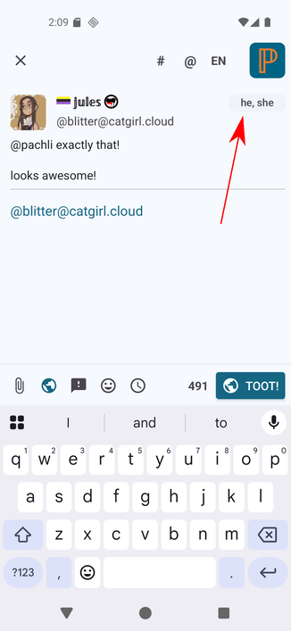 Pachli Current screenshot showing the "Reply" editor, showing the pronouns of the account being replied to.