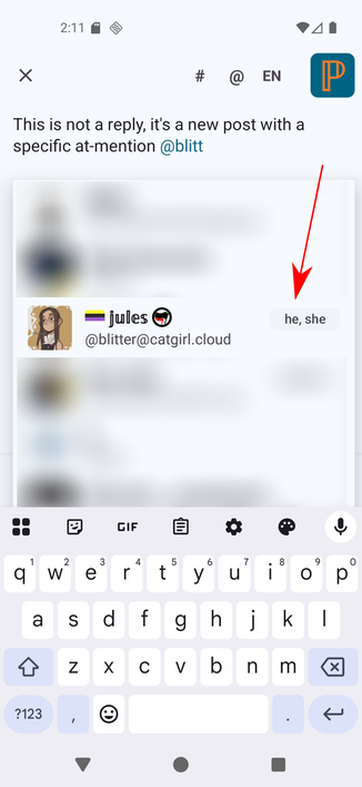 Pachli Current screenshot showing the autocomplete popup that appears when you type a handle while writing a message. One of the accounts has pronouns set, which are displayed.