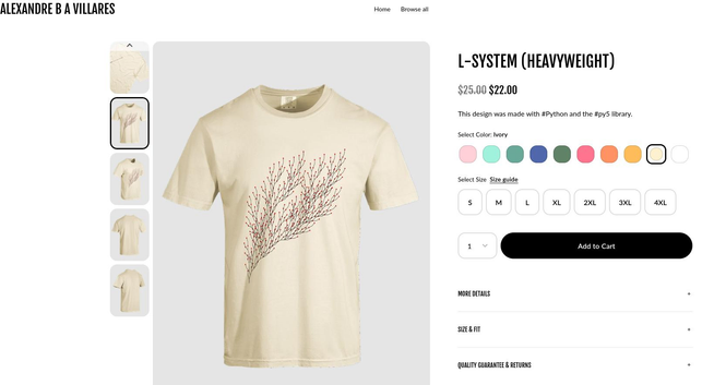 Screenshot from fourthwall.com site showing T-shirt with L-System design