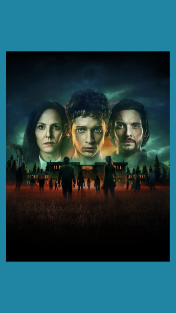 A promotional poster for the TV series The Institute. In the foreground, a group of silhouetted young people walk through a dark field towards a large, ominous-looking institutional building. Looming above them in the dark, cloudy, green-lit sky are the giant faces of a concerned-looking woman (Mary-Louise Parker), a central young boy (Joe Freeman), and a serious man (Ben Barnes).