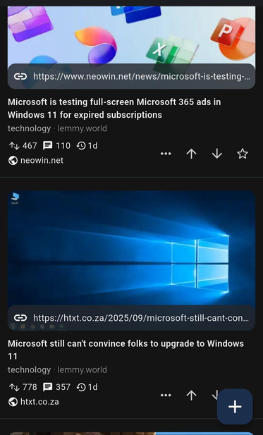 The image displays a screenshot of a news aggregator website with two articles about Microsoft and Windows 11. The first article, titled "Microsoft is testing full-screen Microsoft 365 ads in Windows 11 for expired subscriptions," is from neowin.net and has 467 upvotes, 110 comments, and was posted 1 day ago. The second article, "Microsoft still can't convince folks to upgrade to Windows 11," is from htxt.co.za and has 778 upvotes, 357 comments, and was also posted 1 day ago. Both articles are tagged with "technology" and "lemmy.world." The background of the first article features colorful Microsoft Office application icons, while the second article has a Windows 11 wallpaper.