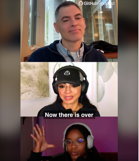 Three people are on a podcast. They are in different rooms. There are 2 women and one man. Their images are arranged vertically. 