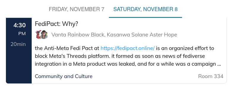 Saturday November 8th

430 pm

fedipact: why?

vanta rainbow black, kasanwa solane aster hope

room 334

20min