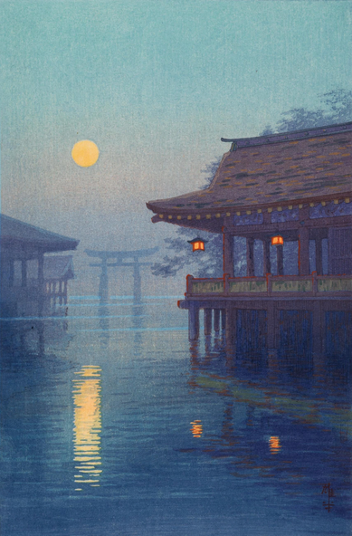 A yellow full moon rises over Itsukushima Shrine. The temple buildings are on piers, standing in the calm high tide of Matsushima Bay; hanging lanterns illuminate the empty buildings. Beyond, the famous 'floating' torii gate is a shadowy shape in the mist. Above, the full moon occupies a hazy, early evening sky.