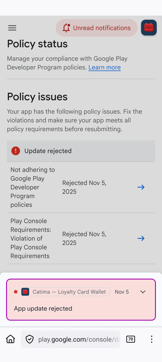 A screenshot of the Google Play Console stating that the app update has been rejected