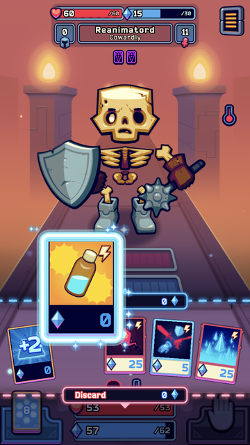 Screenshot of a mobile card game where there is combat taking place against a skeleton on a bridge on a hot fiery planet.