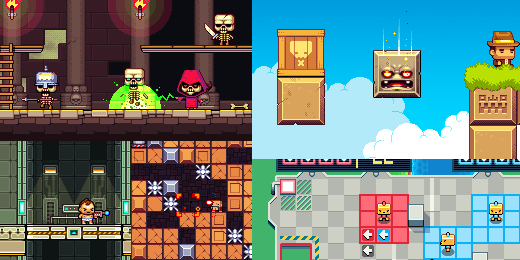 Five screenshots of 2d games using pixel art with various characters.