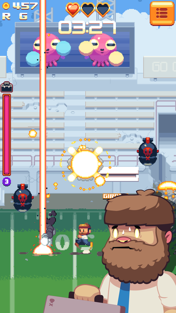 Screenshot of a pixel art game with a bearded man running on a football field, with bombs dropping from above.