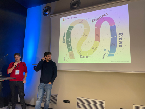 Mayel speaking next to Ivan, showing the roadmap of Bonfire’s upcoming work. Hightlighted words: Gather, Care, Connect, Evolve