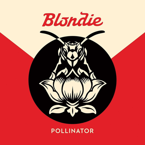 An illustrated album cover for Pollinator by Blondie with the band name, title and a bee on a flower with a red and off-white background.