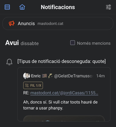 Notificació a Phanpy.
No sé massa quin és l'esdeveniment que l'ha disparada, perquè m'han citat varis tuts i només surt aquesta notificació