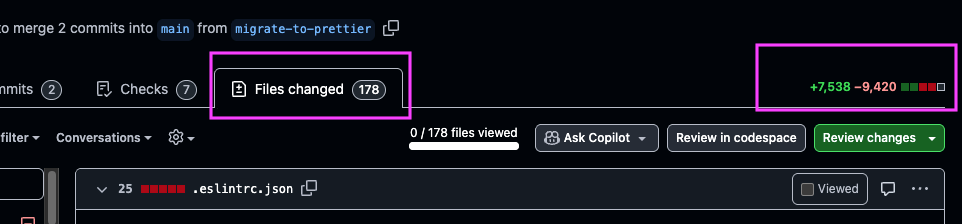 Screenshot of a GitHub Pull Request showing "Files changed: 178" and "7538 lines added, 9429 lines removed".