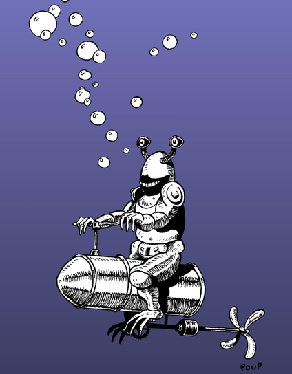 Une étrange créature sous-marine se déplace sous l'eau sur une sorte de vélo à hélice dont l'aspect rappelle les machines imaginées par Jules Verne. Des bulles semblent s'échapper de la bouche de la créature.

A strange underwater creature moves beneath the surface on a kind of propeller-driven bicycle reminiscent of the machines imagined by Jules Verne. Bubbles appear to escape from the creature's mouth.