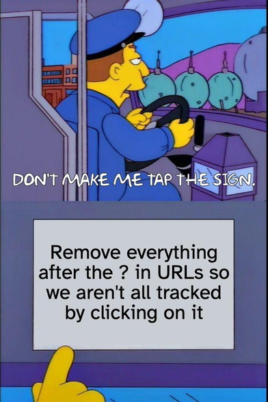 Simpsons bus driver scene where the driver highlights that during the drive no one should speak with him. Memefied.

Top first-person view of the driver; the driver drives and looks forward.
Middle caption: Don't make me tap this sign.
Bottom caption: Remove everything after the ? in URLs so we aren't all tracked by clicking on it, yellow four-fingered index finger points at altered caption. #satire"
