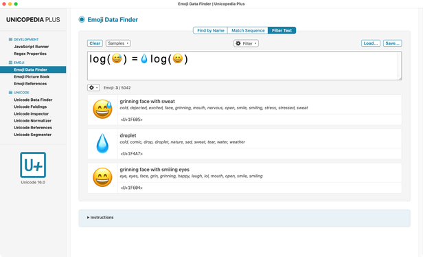 Screenshot of Unicopedia Plus app: log(😅) =💧log(😄) [Math Geekiness]