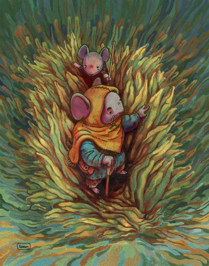 Illustration of two mice explorers walking trough grass