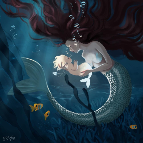 Digital painting. A mermaid mother lovingly holding a bioluminescent mermaid baby.