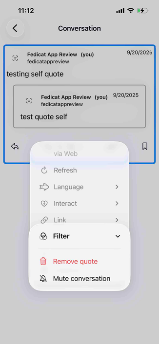 screenshot of a quote post with a menu showing a remove quote option