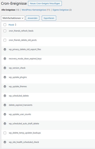 Überblick aus WP-Control über die bei mir laufenden Cron Ereignisse. Ich kann keines dem ActivityPub Plugin zuordnen, obwohl dieses eigentlich Cron-Ereignisse bereitstellen müsste. Vielleicht ist was beim Update schiefgegangen, oder es liegt am Webhosting, oder oder oder... keine Ahnung aktuell.