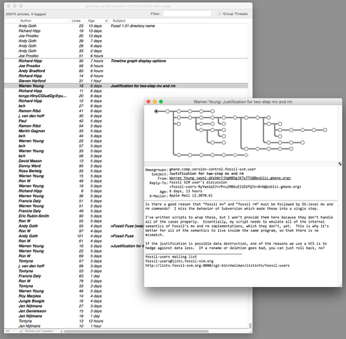 Screenshot of MacSOUP showing discussion threading
