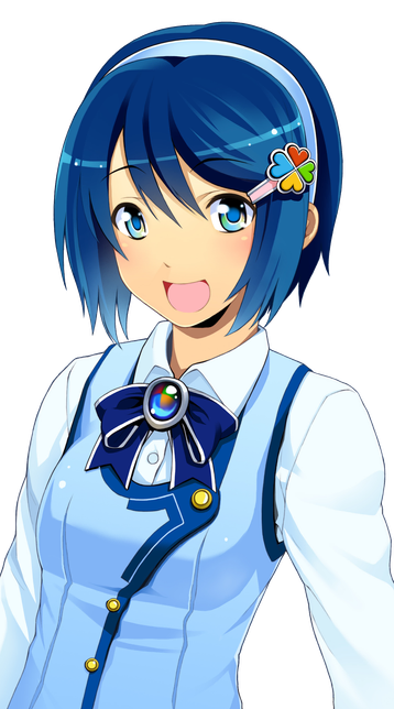An illustration of Nanami Madobe, a character with blue hair, wearing a light blue outfit. The outfit includes a white shirt with a blue vest-like garment over it, adorned with a large blue bow at the collar. The bow has a colorful gem in the center. She also has a hair accessory with a clover design featuring four different colors: red, blue, yellow, and green. This artwork has been used in various campaigns featuring the Madobe Family and can be found on media distributed via several of these campaigns