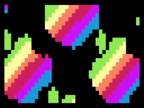 Screenshot from a rotozoom running on Apple II, showing the legacy Apple color logo.