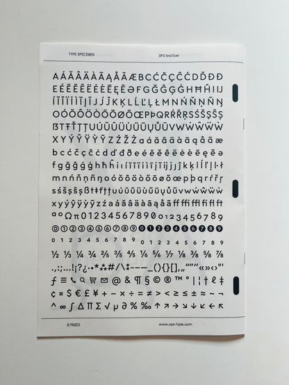 Full glyphset of OPS And Ever on the back of the specimen.