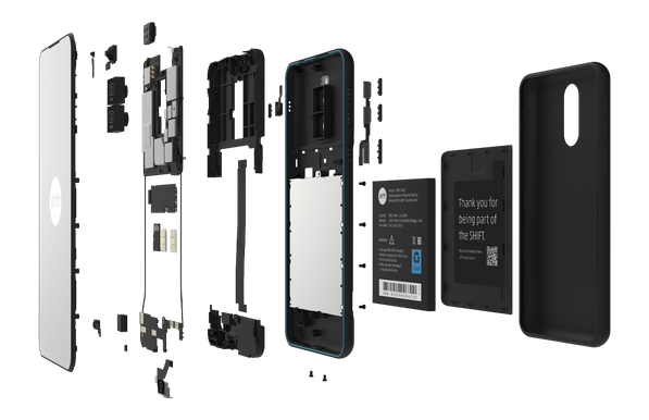 Minimalist image of the SHIFTphone 8.1 glowing faintly against a dark background. The text reads: “Own your tech. Protect your data.” The design feels private, premium, and independent.