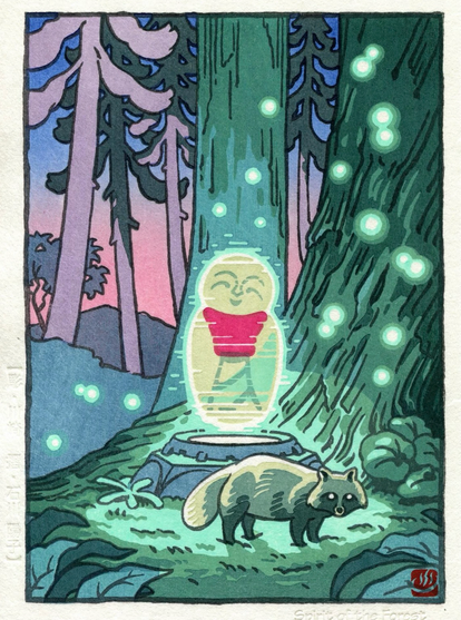Woodblock print of a holographic Jizo statue in a Japanese forest at sunset