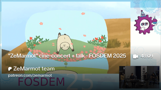 Small screenshot of the video recording of "ZeMarmot screening with live music" keynote at FOSDEM 2025.
Musicians from AMMD.
Recording and editing by FOSDEM video team.