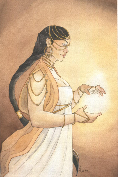 Sur un fond ocre brun, une femme de profil fait naître une flamme blanche entre ses mains. Elle est vêtue d'une robe ample et de bijoux d'or.