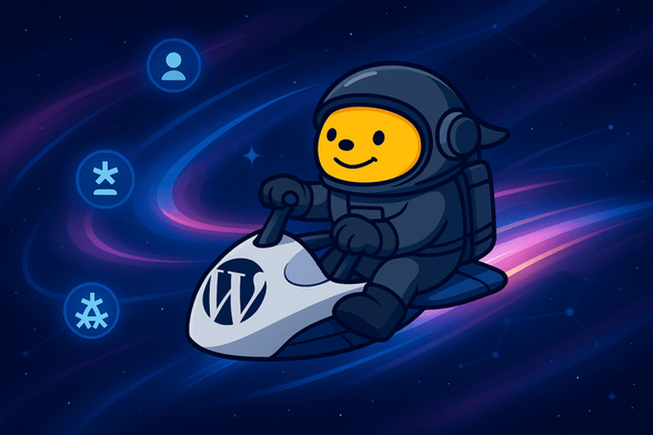Wapuu, the yellow WordPress mascot, pilots a small spaceship shaped like the WordPress ‘W’ through a glowing Fediverse nebula. Light trails and floating ActivityPub icons surround the ship, symbolizing fast, effortless navigation through connected worlds.