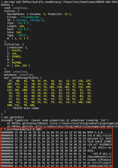 Cropped screensho of a NodeJS REPL session showing an hexdump of a chunk of binary PDF data (trying to analyze why an earlier parse error occurred...)
