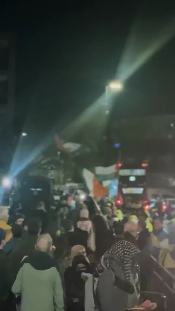 Footage of a large crowd of Palestine protesters facing off with a tiny number of zionists on the other side of the road