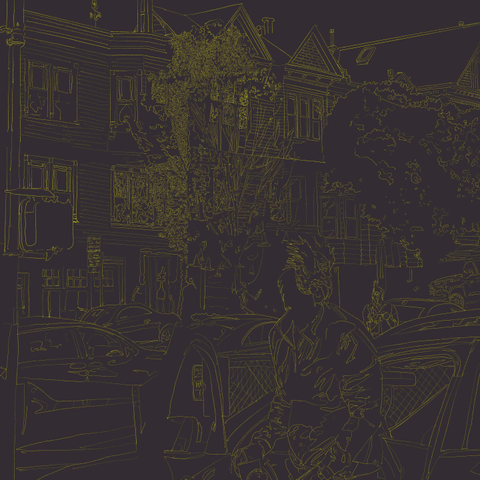 Gray background with an intricate yellow outline of homes, cars, Halloween decorations, and two chicken people going about their late afternoon business.