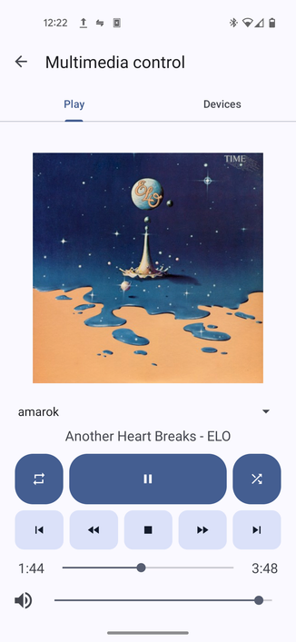 KDE Connect running on a phone, showing how it can be used to control media being played on your computer.