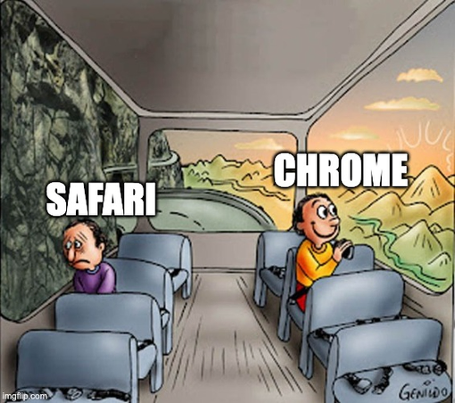 Two people sit on a bus; the "Safari" person looks unhappy on the dark side, while the "Chrome" person smiles on the bright side.
