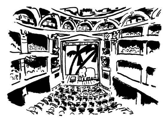 Illustration en noir et blanc de la scène de l'Odéon avec un éléphant sur scène
© Martin Groch