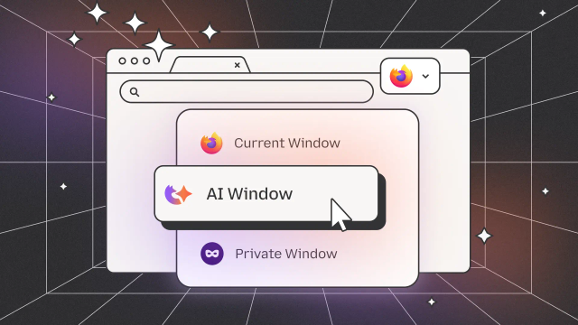 A stylized and simplified artistic rendering of a Firefox window with a new "AI Window" feature highlighted between existing "current window" and "private window" options.