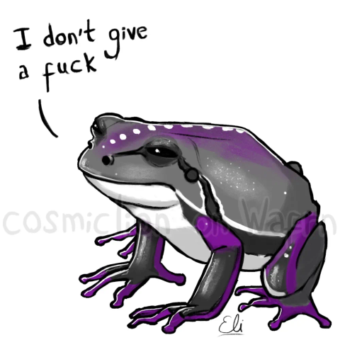 Digital cell shaded illustration of a frog in the colors of the asexual flag. It is scowling and narrowing its eyes in disdain and saying "I don't give a fuck". The background is white.