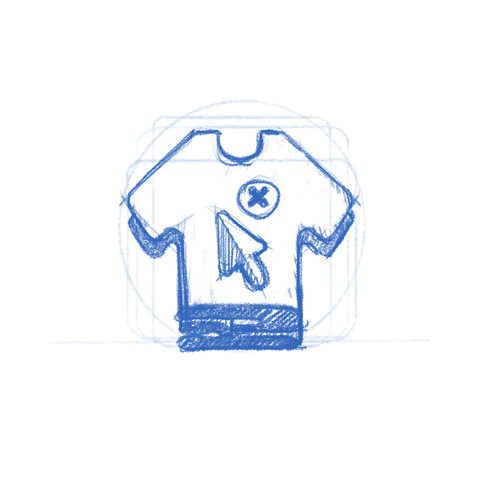 Wardrobe app icon sketch -- a t-shirt stack with a cursor and a close button.