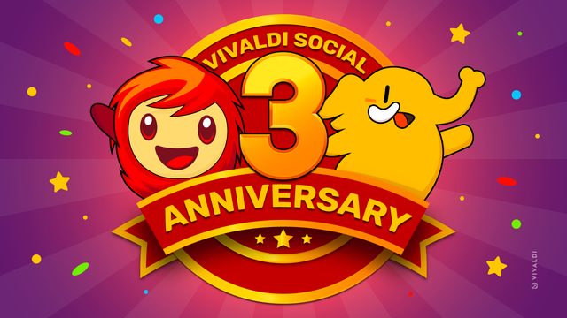 Illustration of the Vivaldi Social mascot Tony and a cheerful yellow Mastodon mascot celebrating three years. They stand beside a large golden number three with a red banner that reads Vivaldi Social Anniversary. Confetti and stars fill the background.