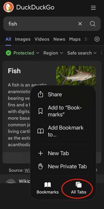 a screenshot of the Safari mobile browser in iOS 26 showing a DuckDuckGo search result page for the word “fish”, with a pop-up menu at bottom right
 
a red oval highlights the “All tabs” option (icon with text below it) that you now need to tap to launch the tab picker screen