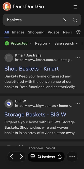 a screenshot of the Safari mobile browser in iOS 26 showing a DuckDuckGo search result page for the word “baskets” 
 
this completes the three-tap process to switch between tabs that used to be a two-tap process in earlier versions of iOS 🤦‍♀️