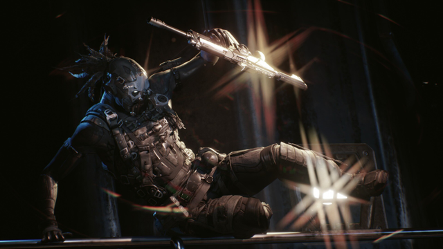 Image of a military character jumping over a fence in an industrial complex demonstrating a custom lens-flare effect.