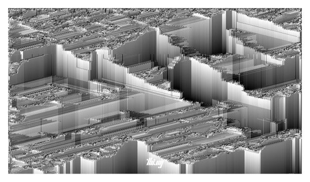 Abstract monochrome still image of a 1.5D cellular automata simulation, showing the evolution of almost geometric/architectural features from an initial seed generation of just noise.