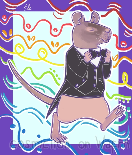 Digital flat color illustration of Neil the rat. He is wearing a black tailcoat and a bowtie. He is walking on his hind legs while fixing his bowtie with a content smile. The background is bright purple with a light blue rectangle in the middle and a pattern of swirls in the colors of the rainbow.
