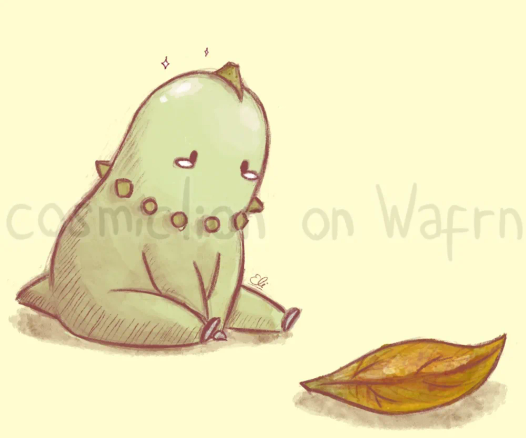 Digital flat color doodle of chikorita from Pokémon, drawn in chibi style with tiny dot eyes. The leave on its head has withered and fallen off. Chikorita is sitting on the floor staring at the fallen leaf with tears in its eyes. The background is light pastel yellow.